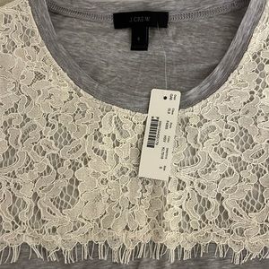 J Crew NWT Heathered Grey Ivory Lace Yoke Perfect Fit T Shirt 100% Cotton